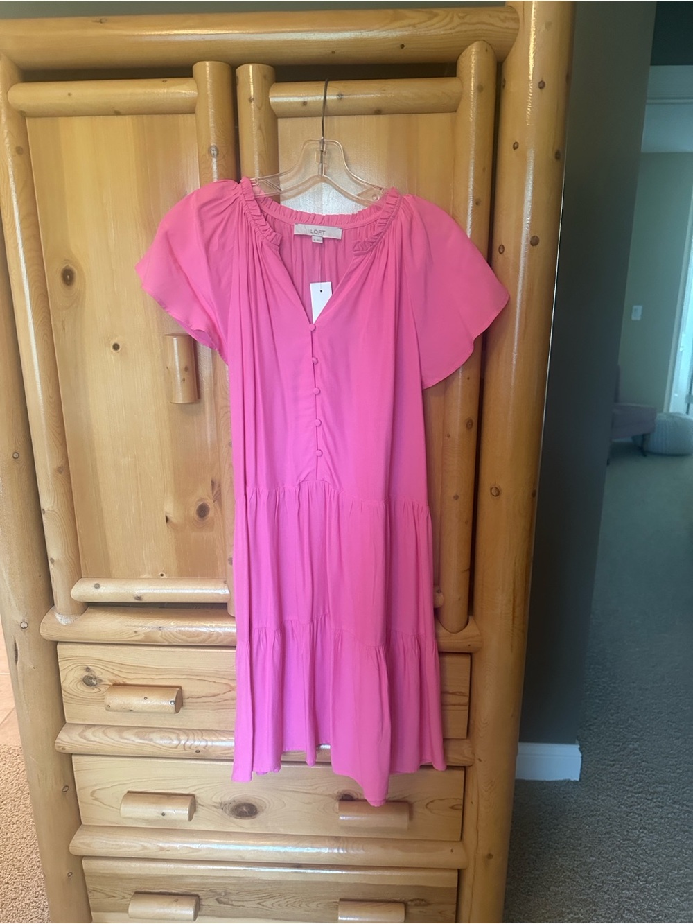 LOFT Bright Pink Short-Sleeve Tiered Mini Dress